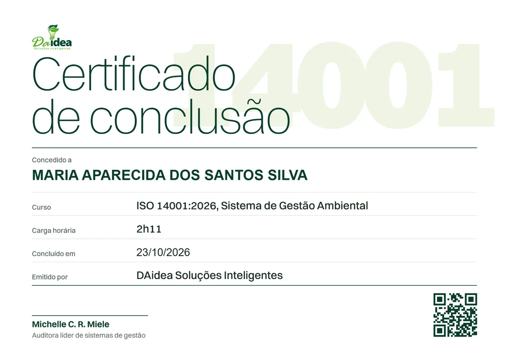 Modelo do certificado de conclusão do curso ISO 14001:2026, carga horária 2h11, emitido pela DAidea